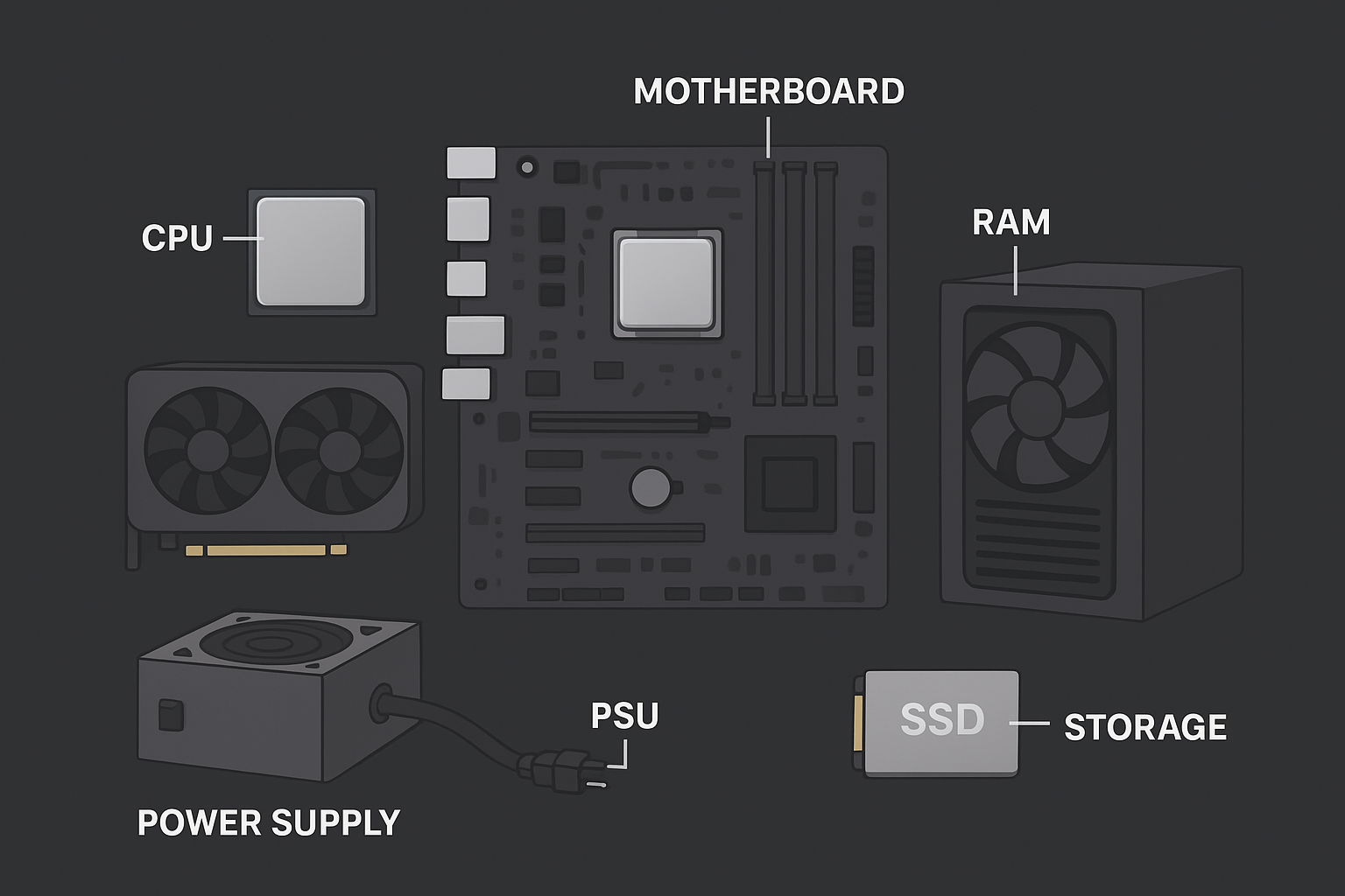 Diagram of PC components labeled with CPU, GPU, RAM, motherboard, power supply (PSU), and storage (SSD).