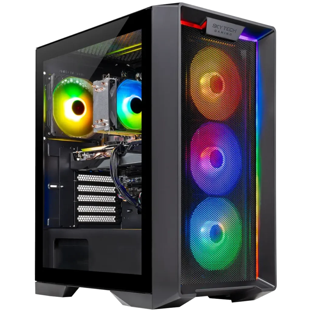 Skytech Nebula gaming desktop with tempered glass panel and customizable RGB lighting