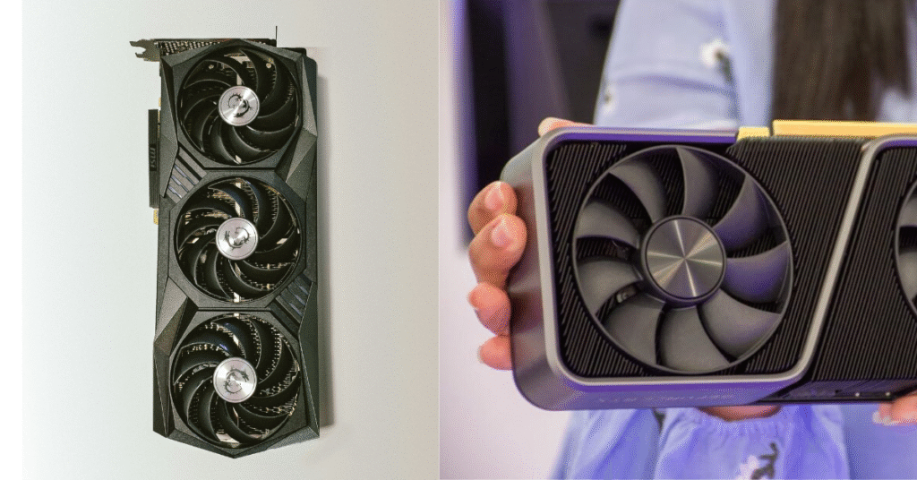 Two gaming graphics cards placed side by side for comparison.