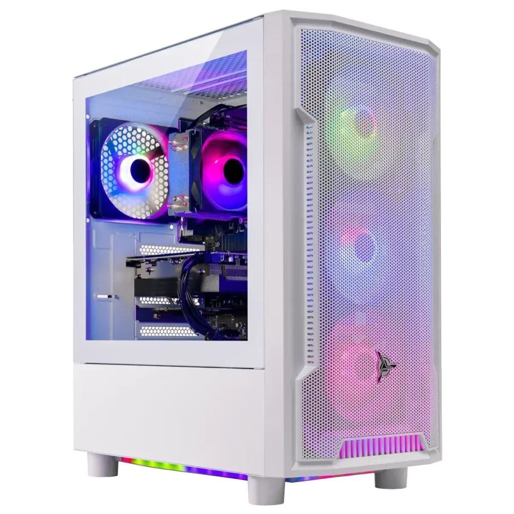 SkyTech Archangel base version desktop setup — a sleek, white RGB-lit cheap gaming PC offering strong out-of-the-box 1080p gaming performance.